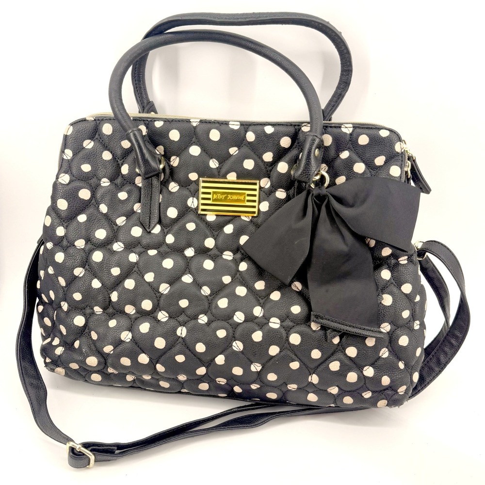 Betsey Johnson Satchel Womens Large Black Cream Heart Quilted Polka Dot Feminine